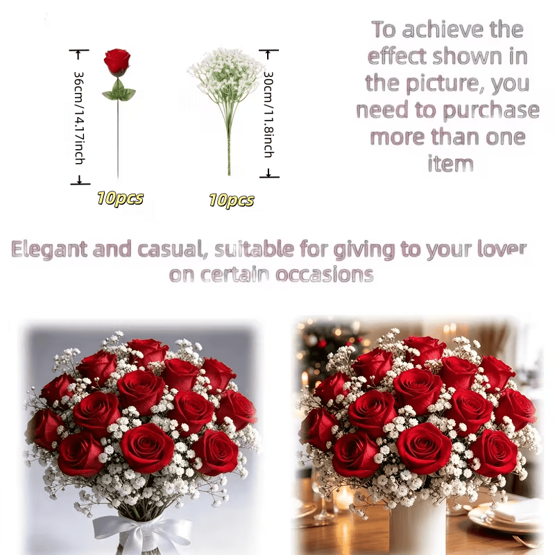 TEMU Lot de 20 pièces : 10 roses + 10 gypsophiles, bouquet de Noël avec roses artificielles ciel étoilé, gypsophile artificielle et roses rouges