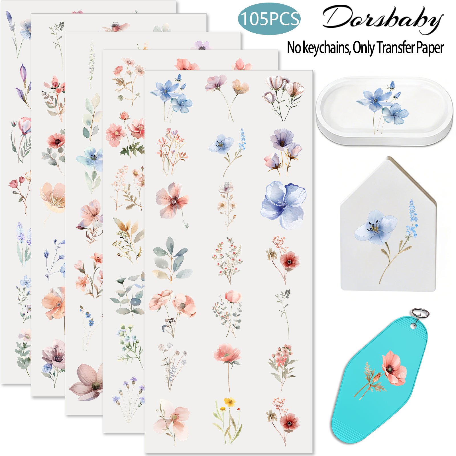 TEMU 105-tlg. Aquarell-Wildblumen-UV-DTF, UV-DTF-Folien für Tassen, Laptops, Handys DIY-Bastelprojekte (ohne Schlüsselanhänger, nur Folien)