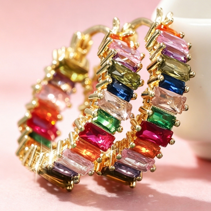 TEMU Pendientes de lujo con micro pavé de circonias coloridas, pendientes de aro dorados de moda para mujer, pendientes circulares diarios para