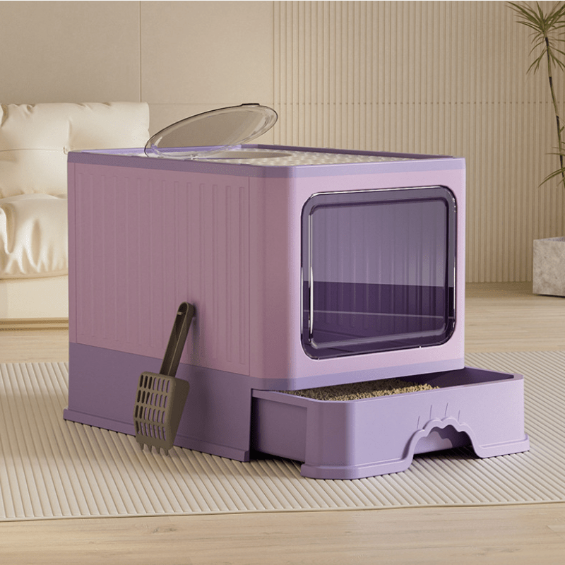 19 69  15 75  15 75in     thickened fully enclosed top loading litter box ultra large capacity foldable drawer design built in   deodorizing and odor proof structure   prevents litter spillage Product details 3