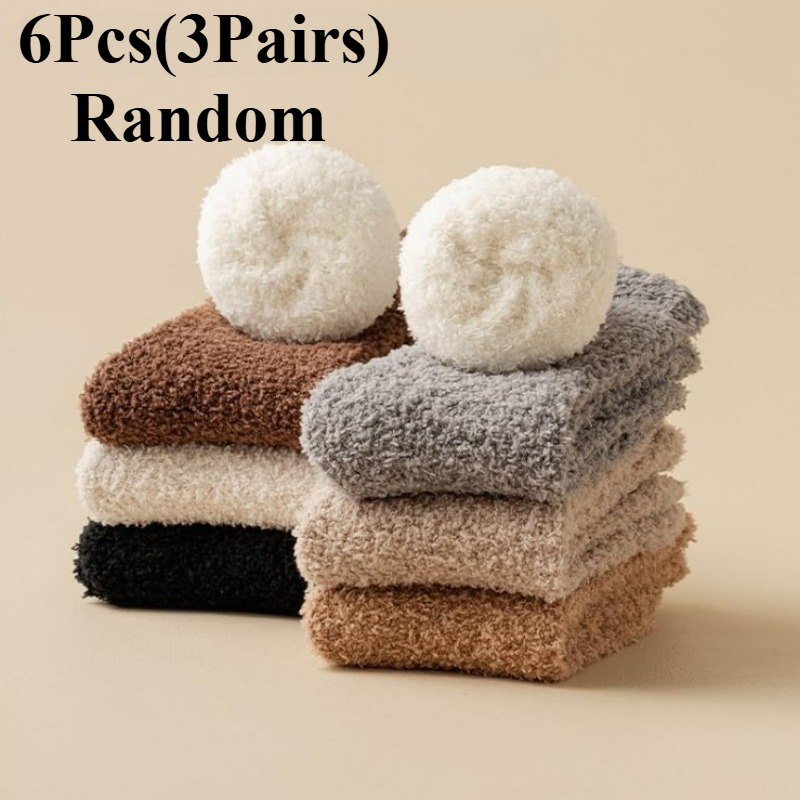 Image of 6pcs (3 Pairs) Women's Winter Thick Fuzzy Warm Socks, Ultra Soft Fabric With Elegant Design, Perfect For Indoor Lounging And Wear, Essential Cold Weather Collection, Random Color