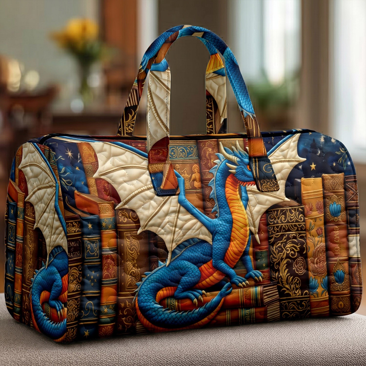 Image of Polyester Quilted Tote Bag, Magical Blue Dragon Pattern On Retro Books, Fashionable Large-capacity Travel Bag, Of Specifications From, Suitable For Daily Commuting And Outdoor Travel