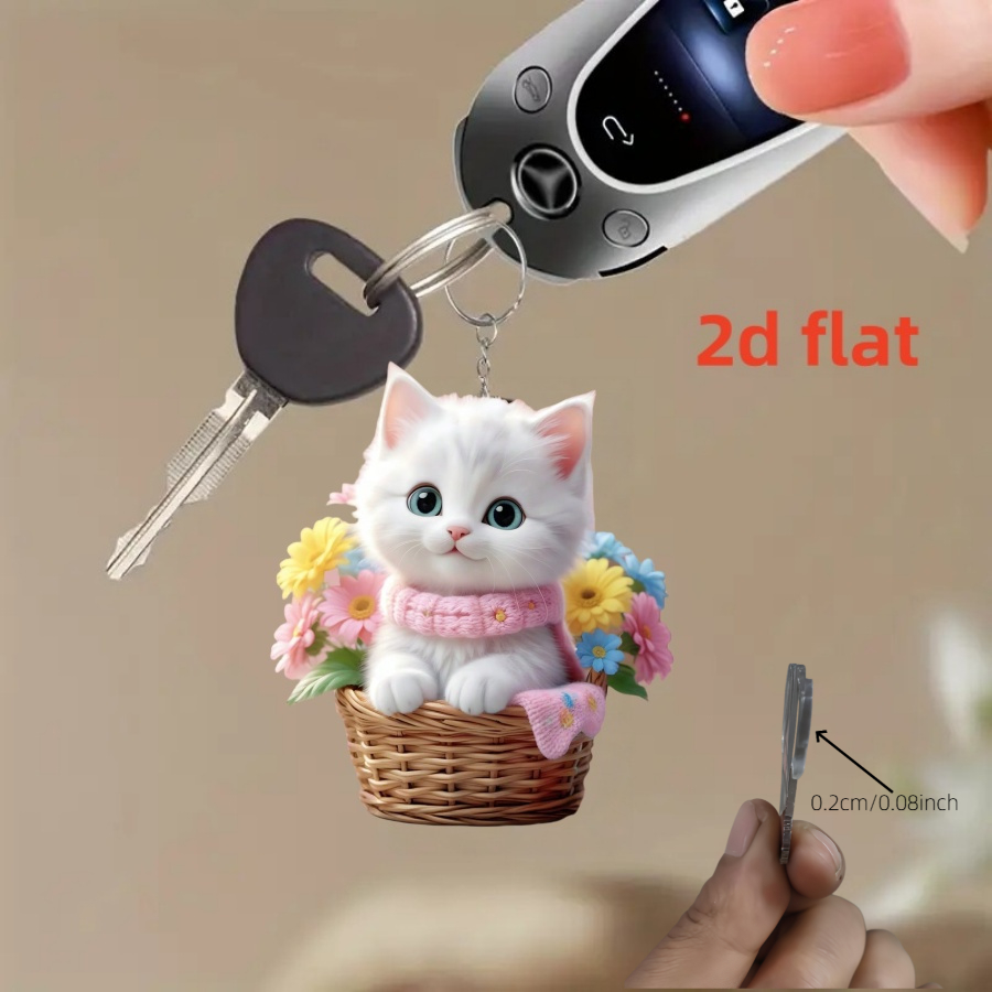TEMU 2d Flat, 2d Flat Surface, 1pc Acrylic Cat And Flower Pattern Keychain, 2d Design Women's Gift Charm Pendant, Universal For Bags And Car