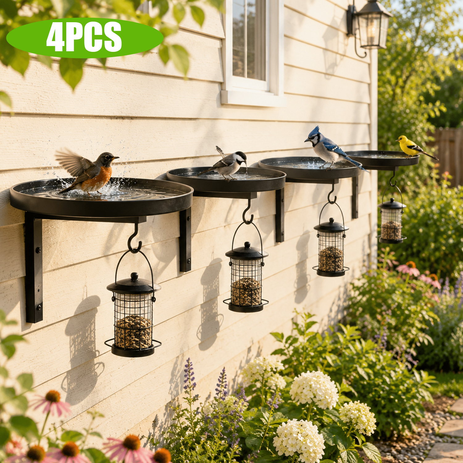 Image of 4pcs Wall Mounted Metal Bird Bath With Feeder Hook Durable Metal Bird Bath Bowl For Outdoor, Bird Bath For Garden, Patio And Fence, Perfect For