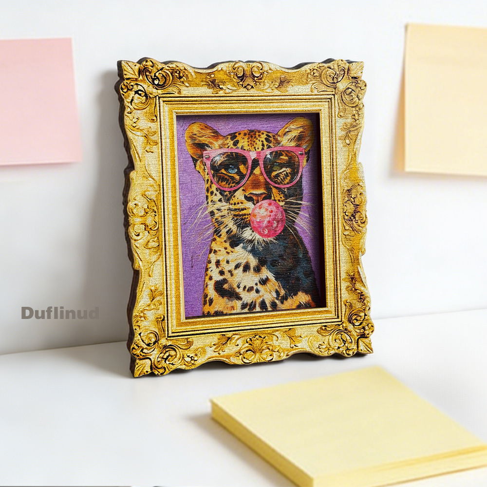 TEMU 1pc Wooden Fun Leopard Print Fridge Magnet, Wooden Mini Decorative Painting, Miniature Art Painting, Pink Glasses Cute Leopard, Blowing , Wooden