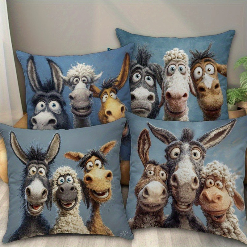 TEMU 4pcs Cute Donkey & Sheep Cartoon Print Covers Suitable For, Room, Farmhouse - Contemporary Zippered Cushion Cases With Sheep & Donkey Patterns,