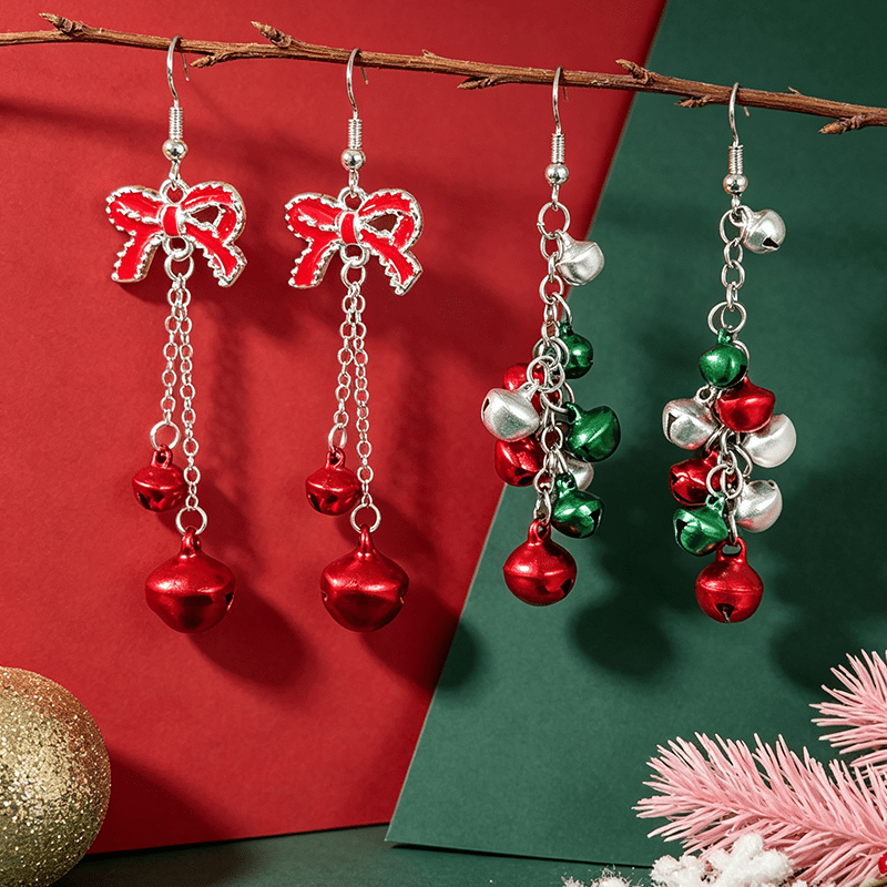 TEMU 2pairs Christmas Creative Tassel Bow Ear Jewelry, Christmas Party Long Tassel Multicolor Bell Ear Jewelry Set, Women's Fashion Drop Earrings,