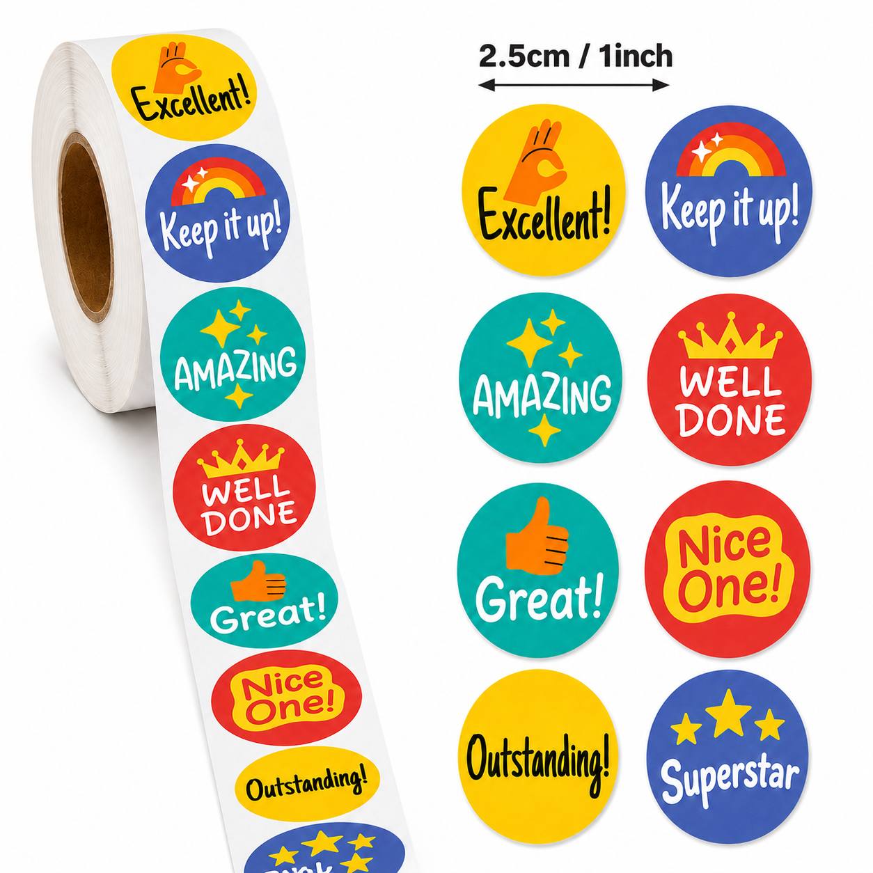 TEMU 500pcs Positive Encouragement Stickers Roll, Colorful Motivational Quote Round Labels, Amazing Great Superstar Self Adhesive Stickers For