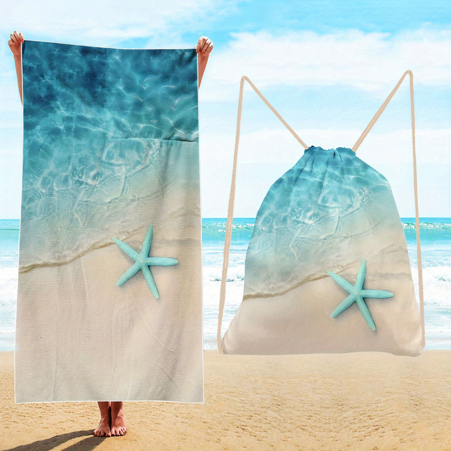TEMU 1pc Starfish Casual Series Beach Towel & Storage Backpack - Super-soft Absorbent Microfiber, Dual-use Rectangular Towel & Backpack For Beach,