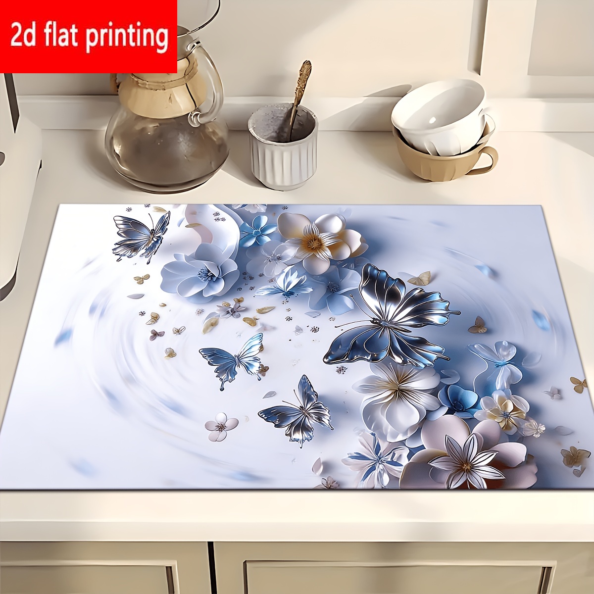 TEMU 2d Flat Printing, 1pc, Floral Pattern Absorbent Placemat, Printed With Light Blue Butterflies And Flowers, Home Decor, Suitable For Espresso