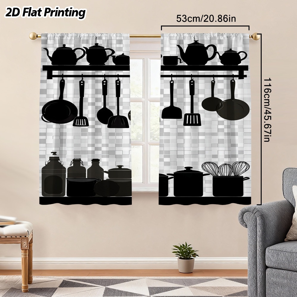 TEMU 2D Plat - 2D Plat - 2 pièces, Rideaux Décoratifs Quotidiens pour Festivals, Ensemble Silhouette de Cuisine Noire 2D Plat Imprimé, de Sac de