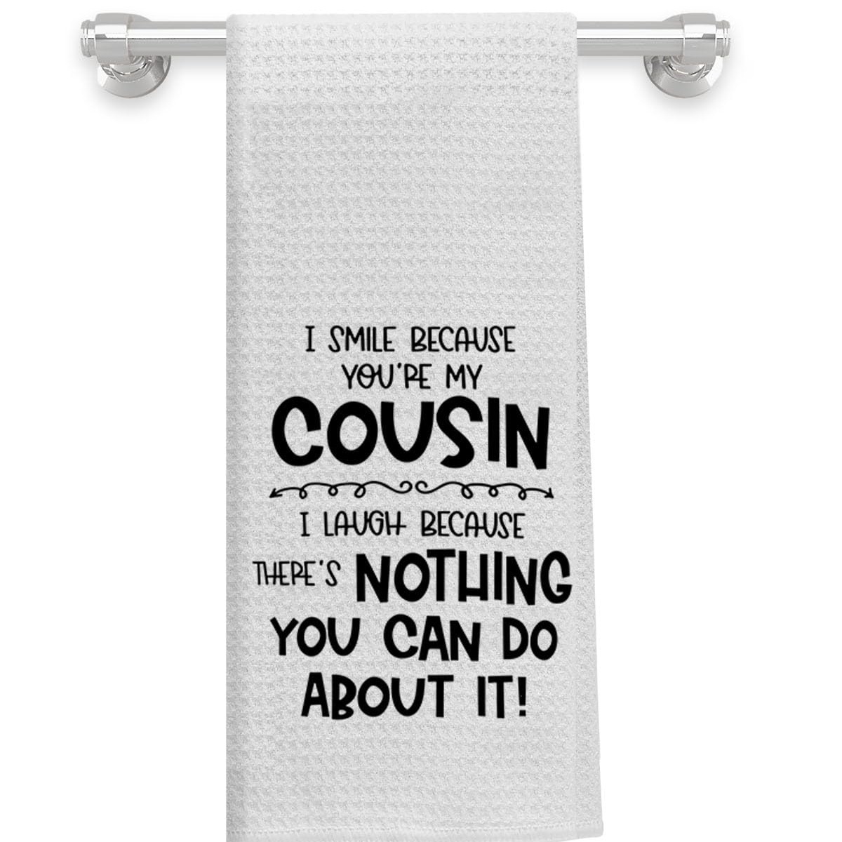 

1pc Modern Cartoon Themed Polyester Kitchen Towel, 18x26 Inches, Machine Washable, Knit Fabric, Oblong Shape, Patterned With Cousin Quote, Towel For Kitchen Decor And Gifts