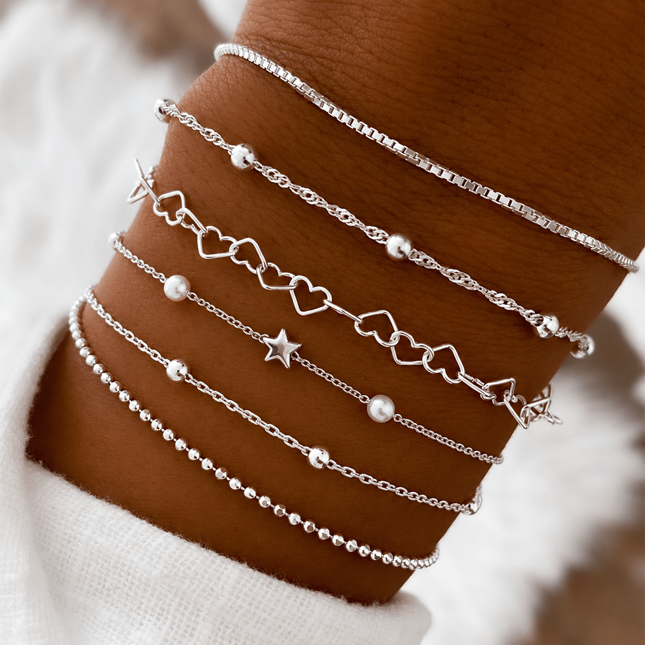 TEMU 6pcs Silvery-tone Layered Bracelet Set For Women, , & Beaded Chain Design, Trendy Minimalist Iron Bracelets, Elegant Stackable Wrist Jewelry For