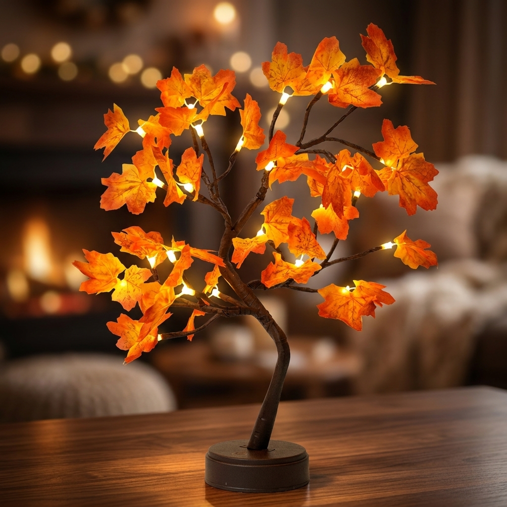TEMU Herfst Esdoornblad Boomlamp, Warm Witte LED Tafellamp, Kunstmatige Tak Verlichte Boom Decoratie voor Herfst Thanksgiving, Woonkamer, Slaapkamer,