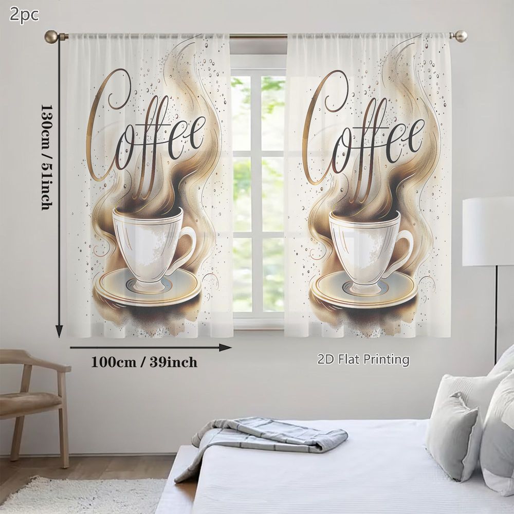 TEMU 2d Flat - 2d Flat - Set Of 2 Lightweight Sheer Curtains For Spring And Summer, Featuring A Design Of White Coffee Cups With Golden Accents And