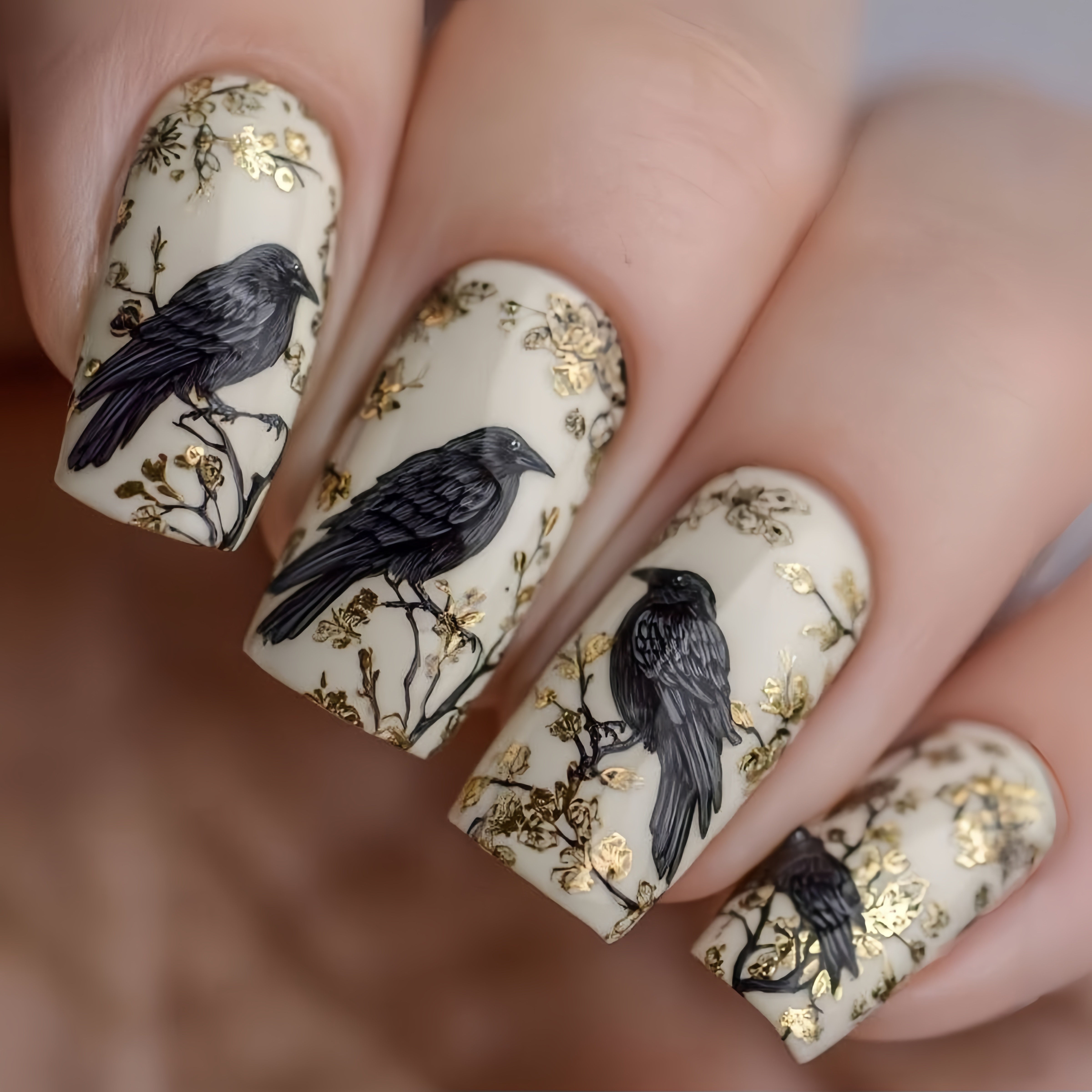 TEMU 24pcs Of Gold-plated Branch And Magpie Press-on Nails, Black Magpie Resting On Branches, Medium-length Square Nails For Women, Removable False