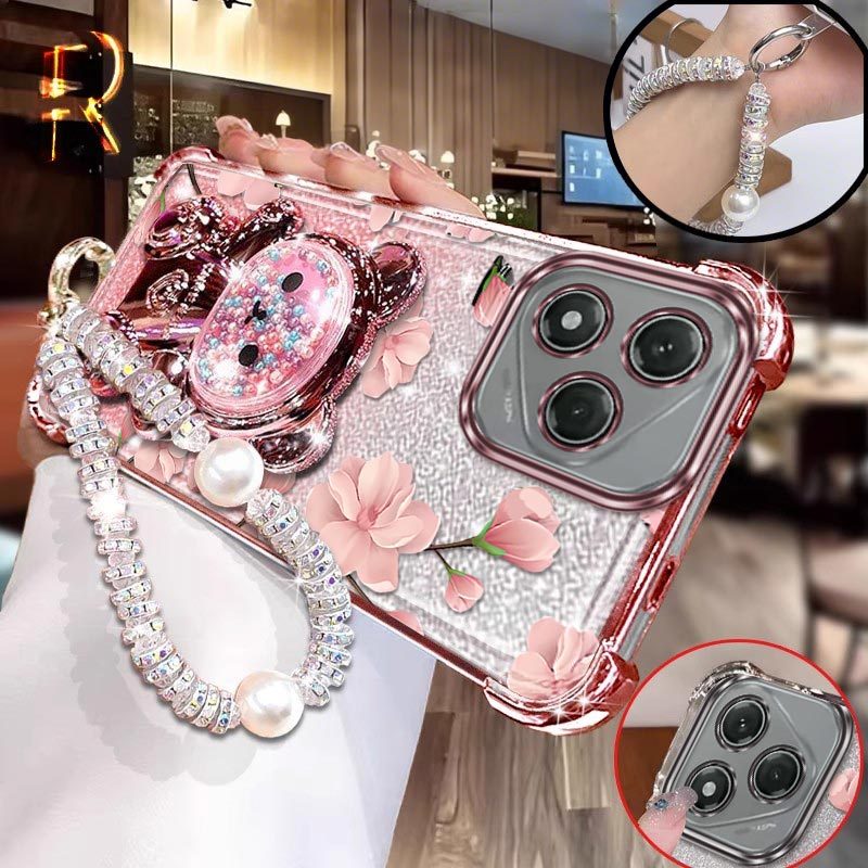 TEMU Coque de téléphone - Fleurs roses avec un support d' et un motif de cordon de perles, protection optimale, convient pour Honor 400 Lite, coque