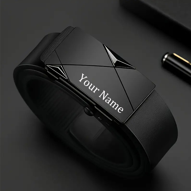TEMU Men's Custom Name Text Logo Belt With Automatic High Quality Alloy Personalized Gift For Father's Day Him Husband Birthday Anniversary