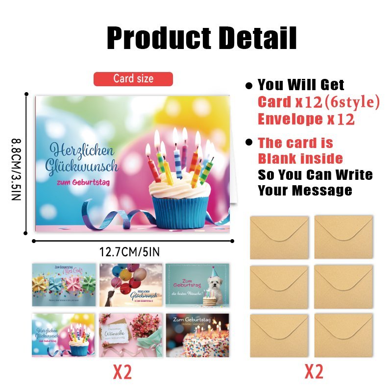 24pcs German Birthday Greeting Cards With Envelopes, Multi-occasion Assorted Blank Cards Featuring Festive Designs For , Family, Colleagues - Ideal For Christmas, New Year, And Birthday Celebrations