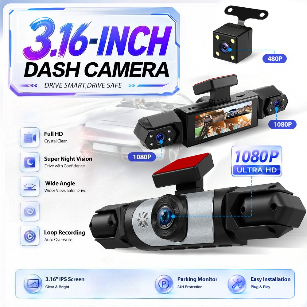 [] Podofo 360° Panoramic 4-channel Lens Auto Dash Cam Kit, 3.16-inch 1080p Front-rear-left-right Full Coverage, Loop Recording, Night Vision Function, Reversing Assistance