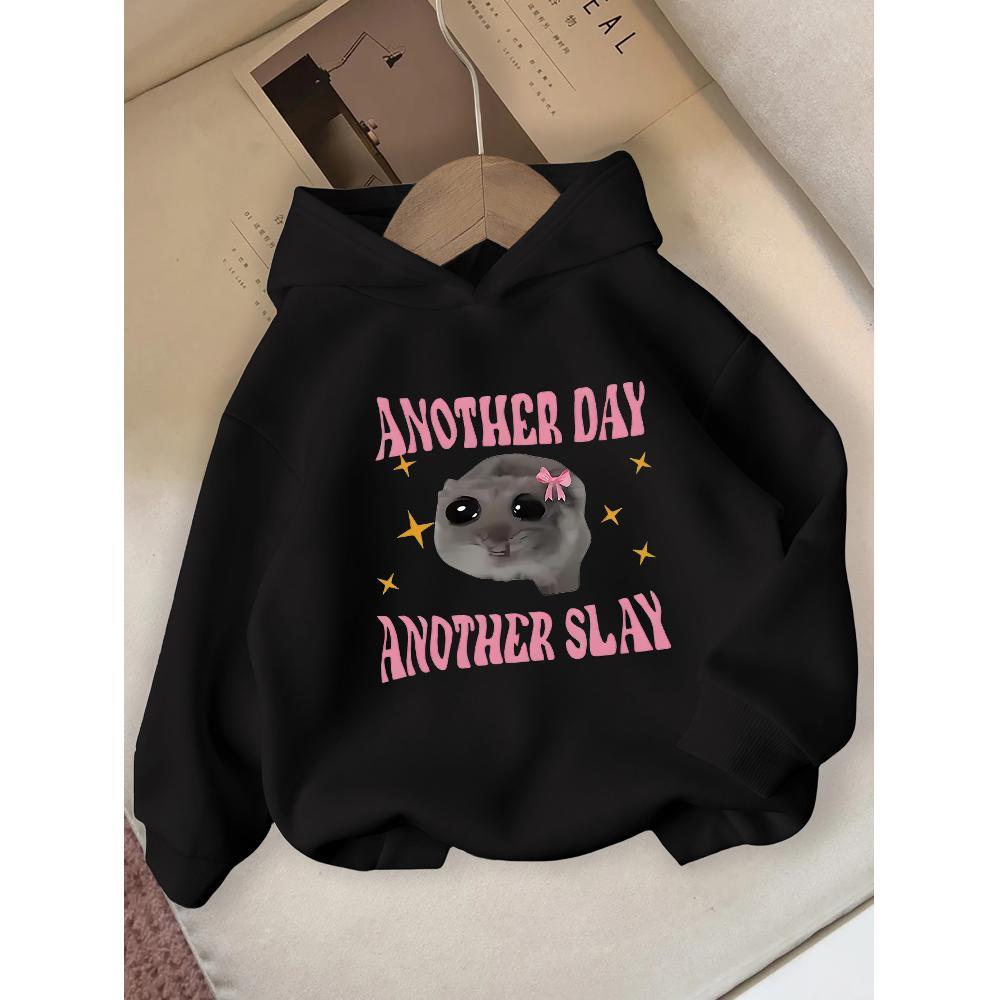 Girls' Casual Hooded Sweatshirt - 100% Polyester, Cute Hamster & Stars Graphic Print, "Another Day Another Slay" Motivational Quote, Grey Fall Winter Pullover for Casual Attire, Fall Winter Apparel, Geometric Pattern, Machine Washable, Cotton Blend, 12+ Years, Everyday & Leisure Wear
