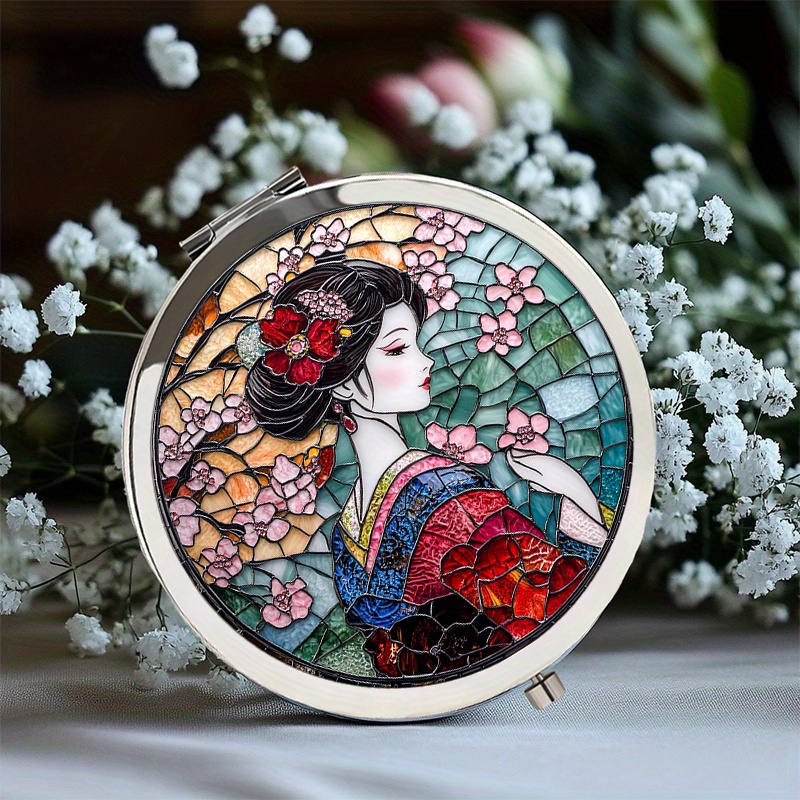 TEMU Espejo de Maquillaje Plegable Portátil con Diseño de Gueishas y en Vidrio Manchado - Espejo de , Acabado , Ideal para Viajes, o Regalos,
