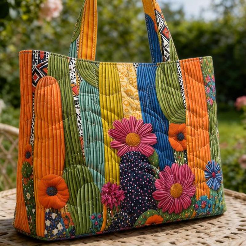 Image of 1pc Ethnic Style Quilted Tote Bag, Colorful Floral Quilted Tote Bag For Garden And Everyday Use Colorful Lady Pattern Bag, Casual Daily Tote, Ladies Fashion Jewelry Accessories