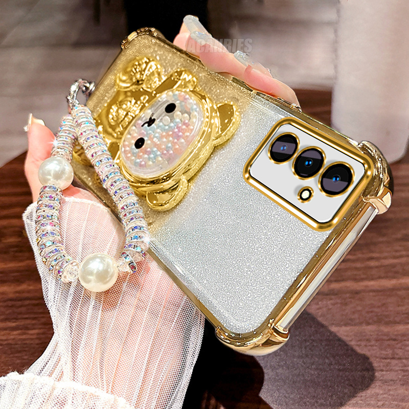 TEMU Phone Case - Clear Glitter Lanyard Wrist Strap Chain Cute Plating Quicksand Bead Bear Bracket Folding Stand Holder Luxury Gradient Shockproof