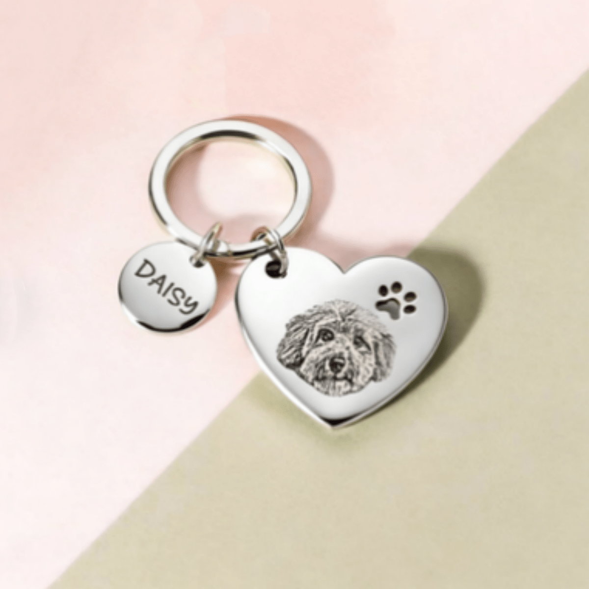 TEMU 1 Personalized Custom Engraved Tags Pet Portrait Name Heart-shaped Keychain, Engraved With Cat Portrait Cat Paw Print Pet, Animal, Stainless