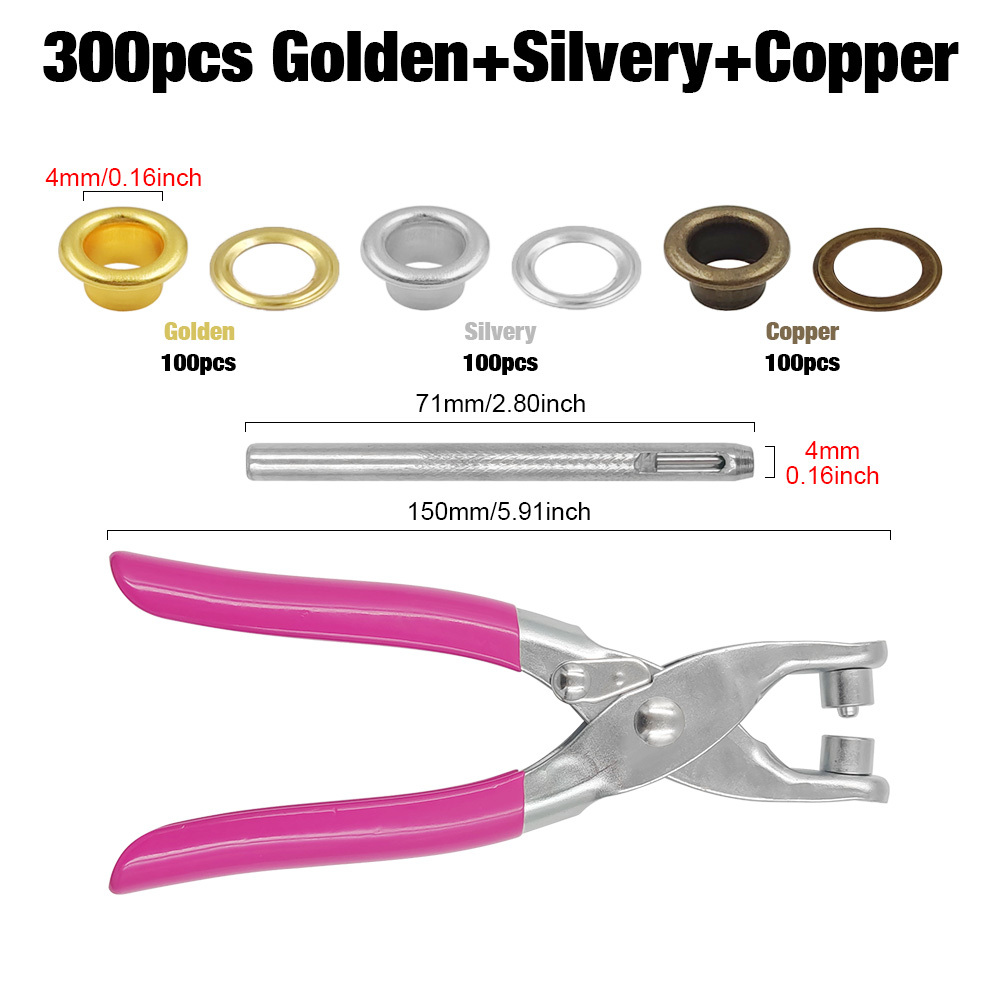 E-shop 100/200/300 Stück 4mm Metall Ösen Schnallen mit Unterlegscheibe, rosa Ösenzange, Stanzösen, Luftösen, Installationsset, Kleidung Hardware