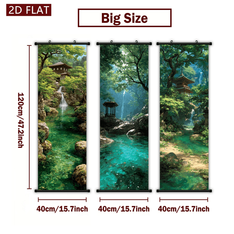 TEMU Plat 2D, 2D/PLAT-3pcs Suspendu en Plastique Style Japonais Forêt Temple Peinture de Paysage Art Impression Décoration Murale pour Salon Chambre