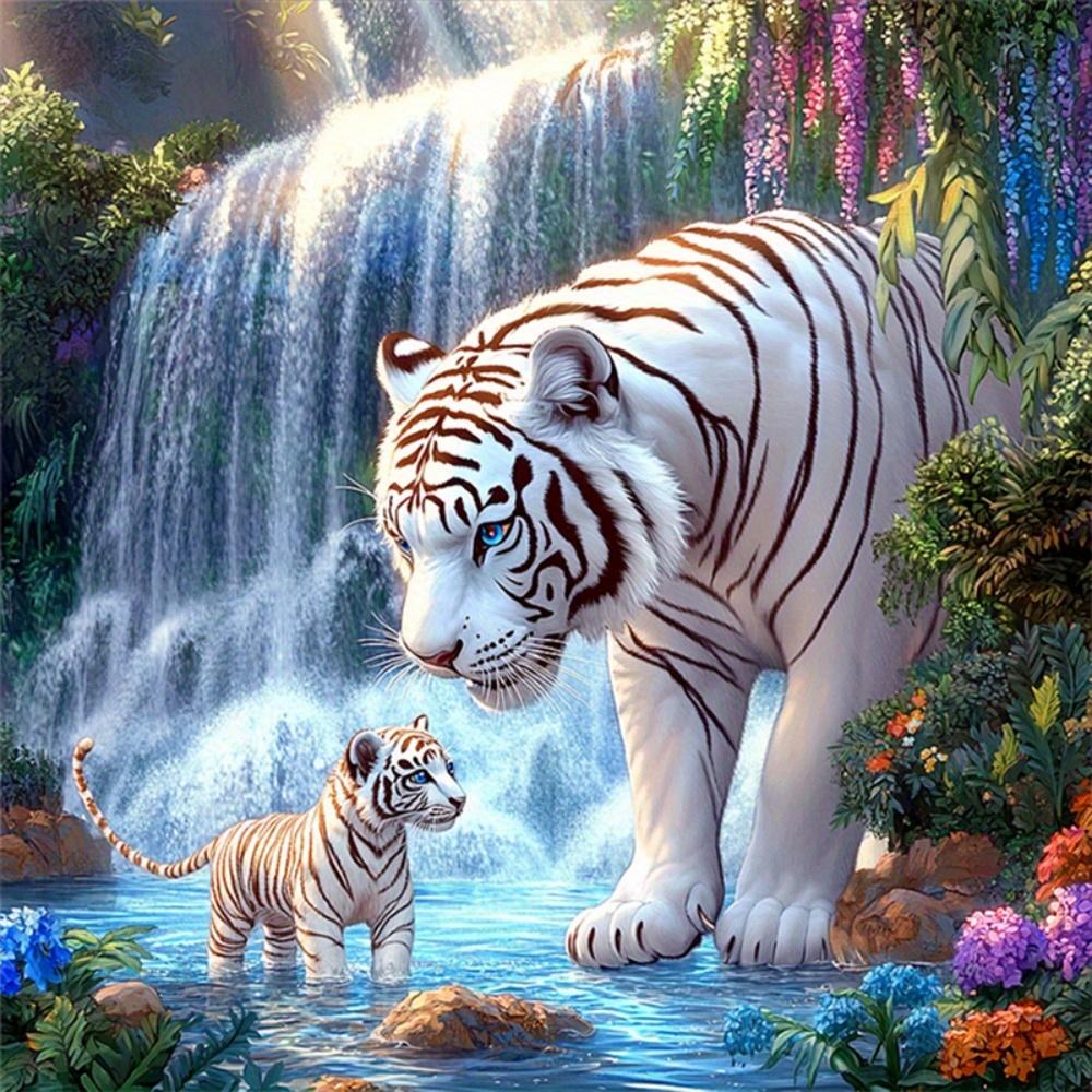 Image of White Tiger And Cub At Waterfall 5d Diamond Painting Kit, Adult Round Diamond Mosaic Craft, Holiday Gift, Learning, Bedroom, Living Room Wall Decoration Painting, Frameless