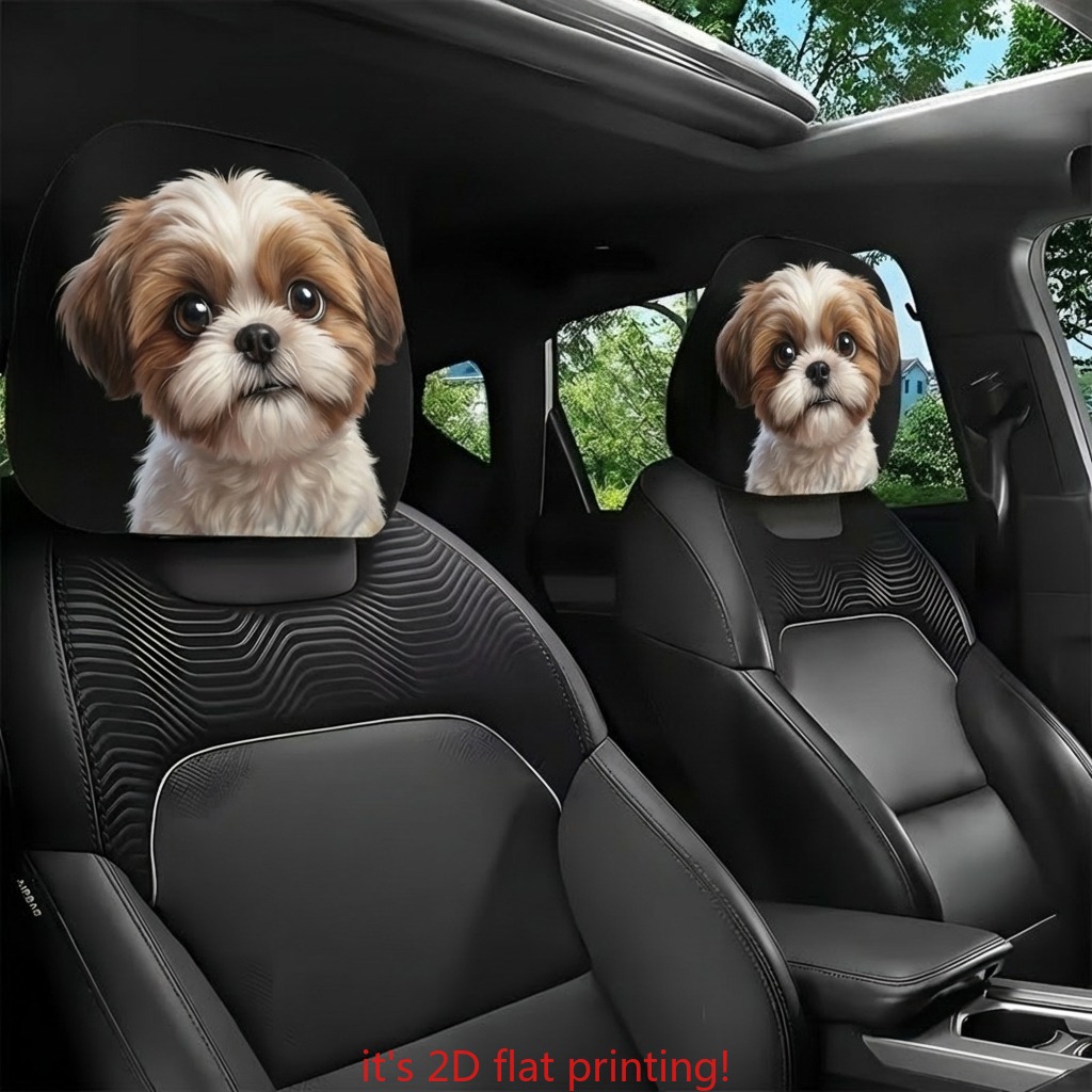 TEMU 2pcs Cute Shih Tzu Print Car Headrest Covers, Adds A Touch Of Fun, Seat Headrest Protectors, Accessories, A Great Companion For Long Drives And