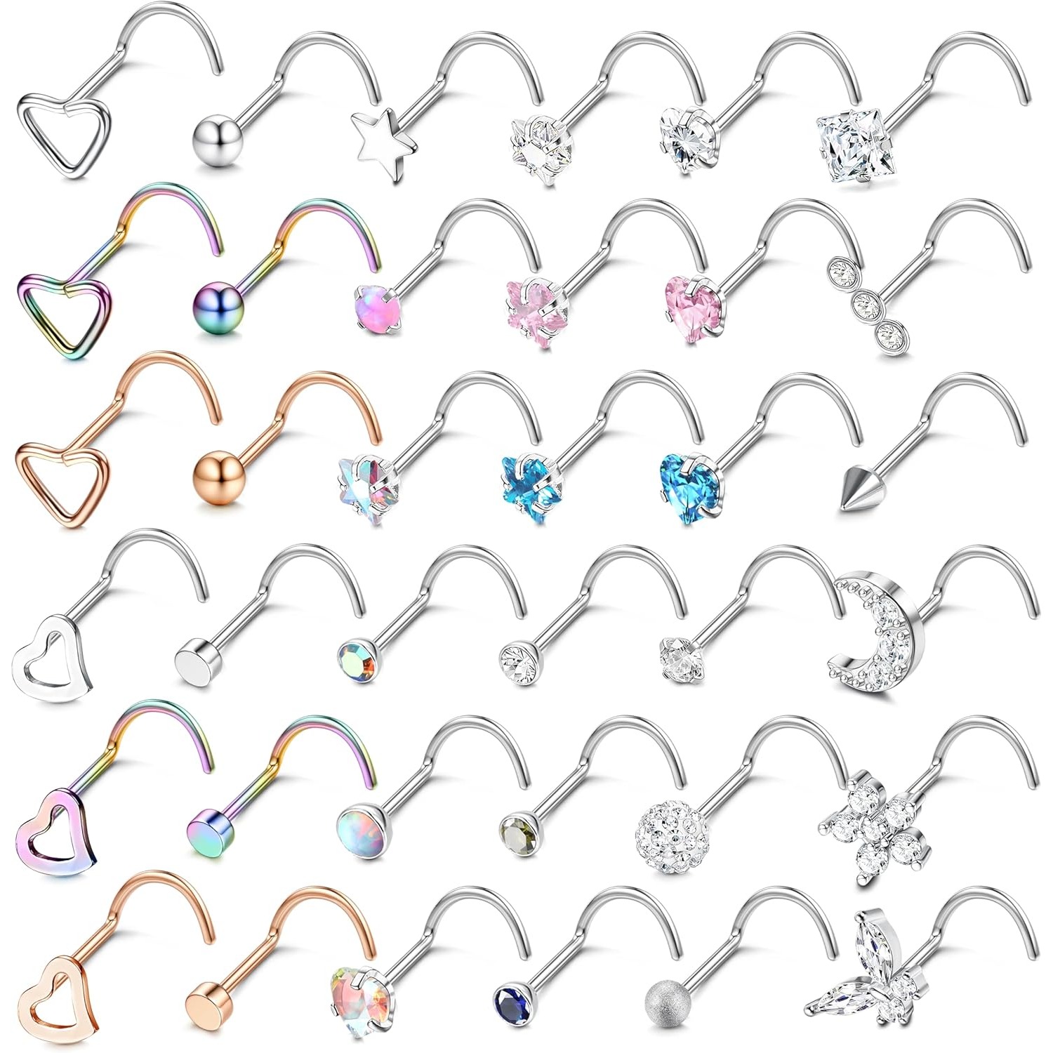 Image of 36pcs 20g Nose Stud Ring Stainless Steel Nose Piercing Cz Heart L Shaped/screw Silver Nose Studs For Women 36pcs Nostril Piercing Jewellery Nose Studs