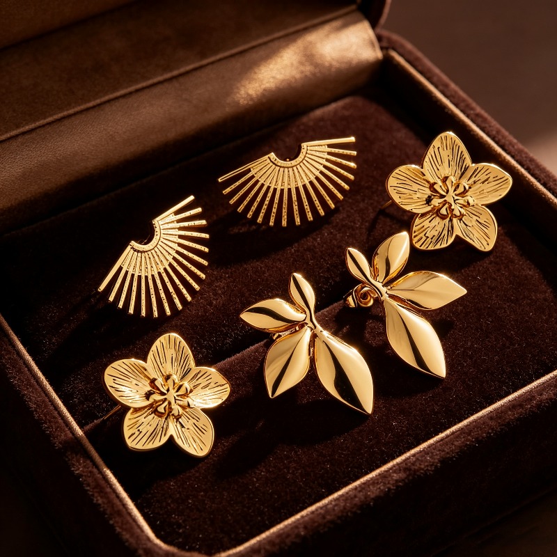 TEMU 3 Pairs/set Of Fashionable And Elegant High-quality Hypoallergenic Stainless Steel , Leaf, And Fan-shaped Earrings, Suitable For Women' Wear,