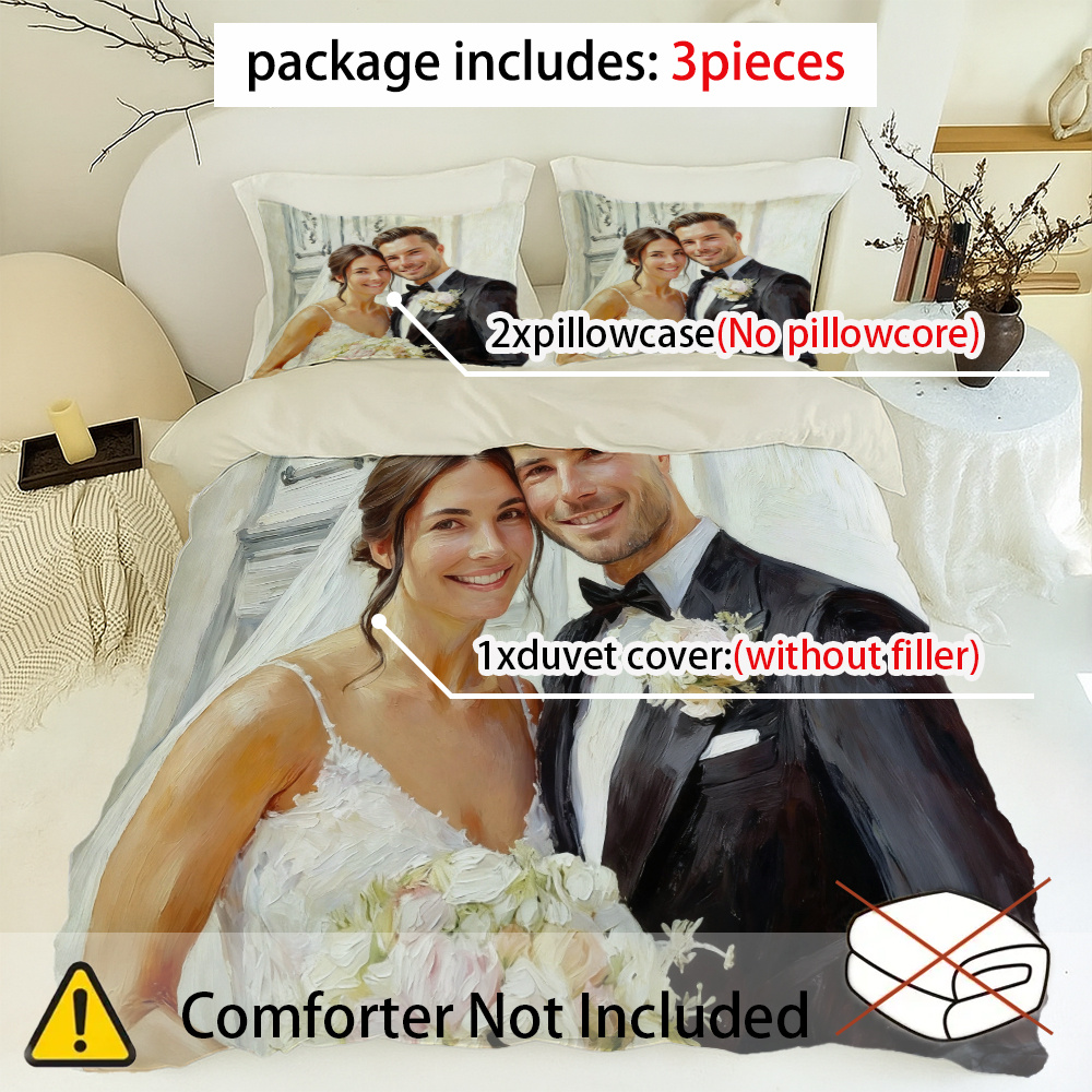 TEMU Custom Three-piece Set Custom Personalized Oil Painting Style, Couple Portrait Photo Personalized Print Duvet Cover Set - Includes 1 Duvet Cover