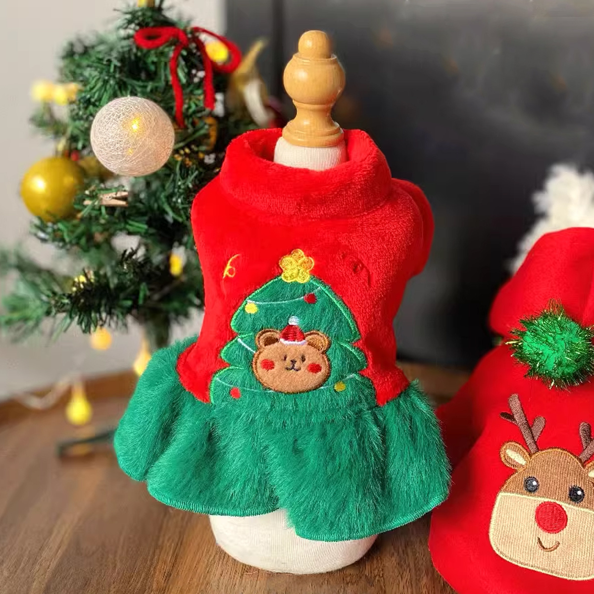 TEMU 【商品名】犬用 クリスマス テーマ 赤と緑のプリンセスドレス、厚手で暖かい秋冬用ペット服