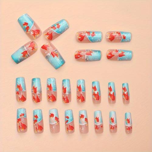 24pcs 3d on nails square medium length glossy with jelly file tank design stylish creative beauty accessory durable pressons