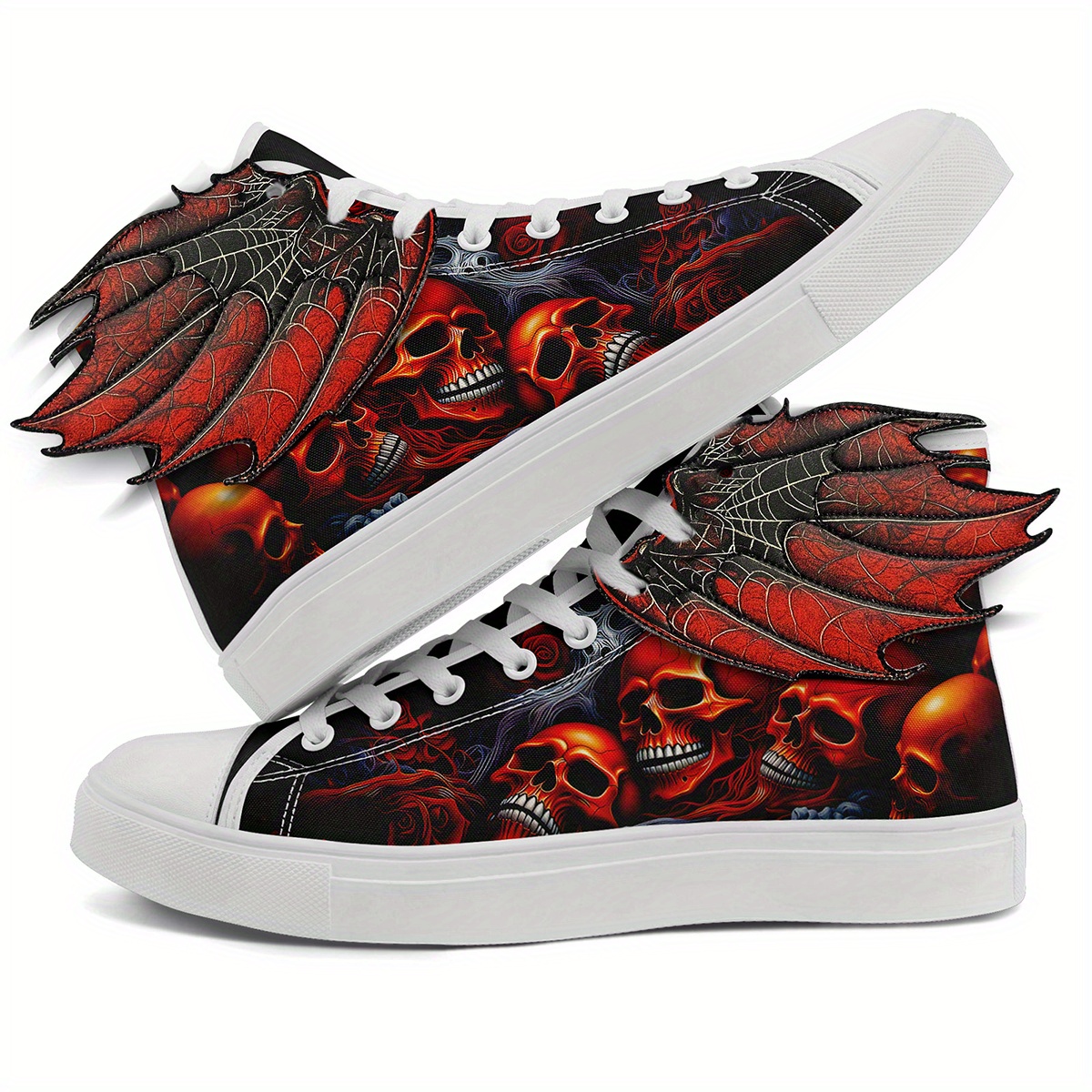 Men's Gothic Skull Wing High-Top Sneakers, 3D Wing Halloween Red Flame Skull Print Design Shoes, Spooky Horror Punk Streetwear Shoes