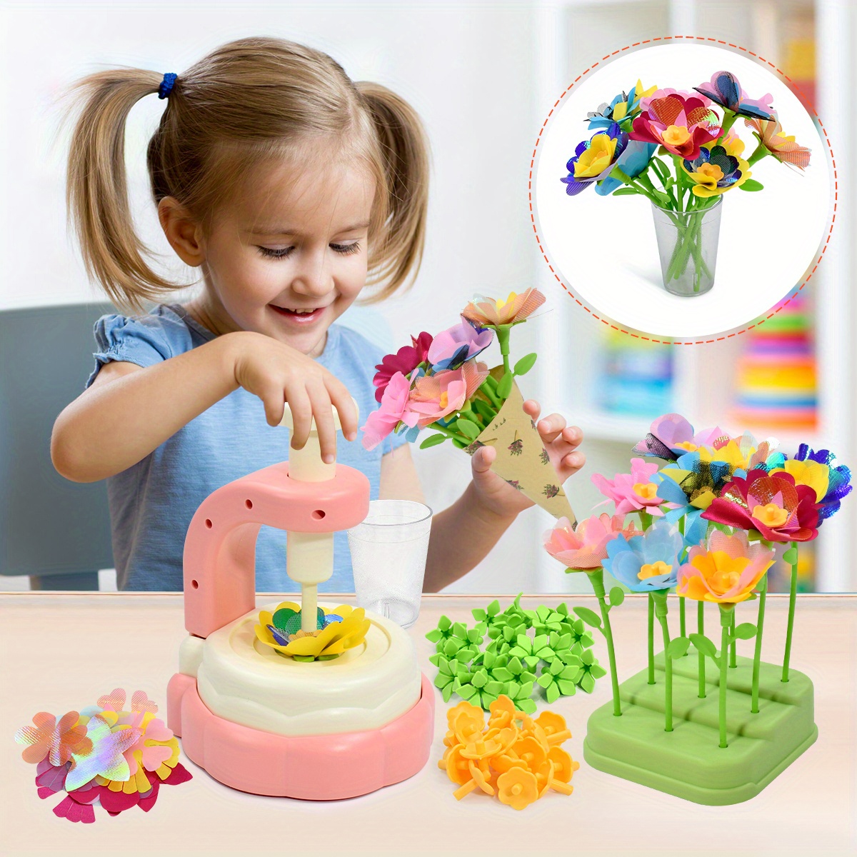 Fabric Flower Bouquet Craft Kit for Kids Ages 3-8 | DIY STEM Gardening Kids Toys with Non-Toxic Flowers & Arrangement Tray | Fine Motor Skills Activity, Educational Birthday Gift for Girls Boys