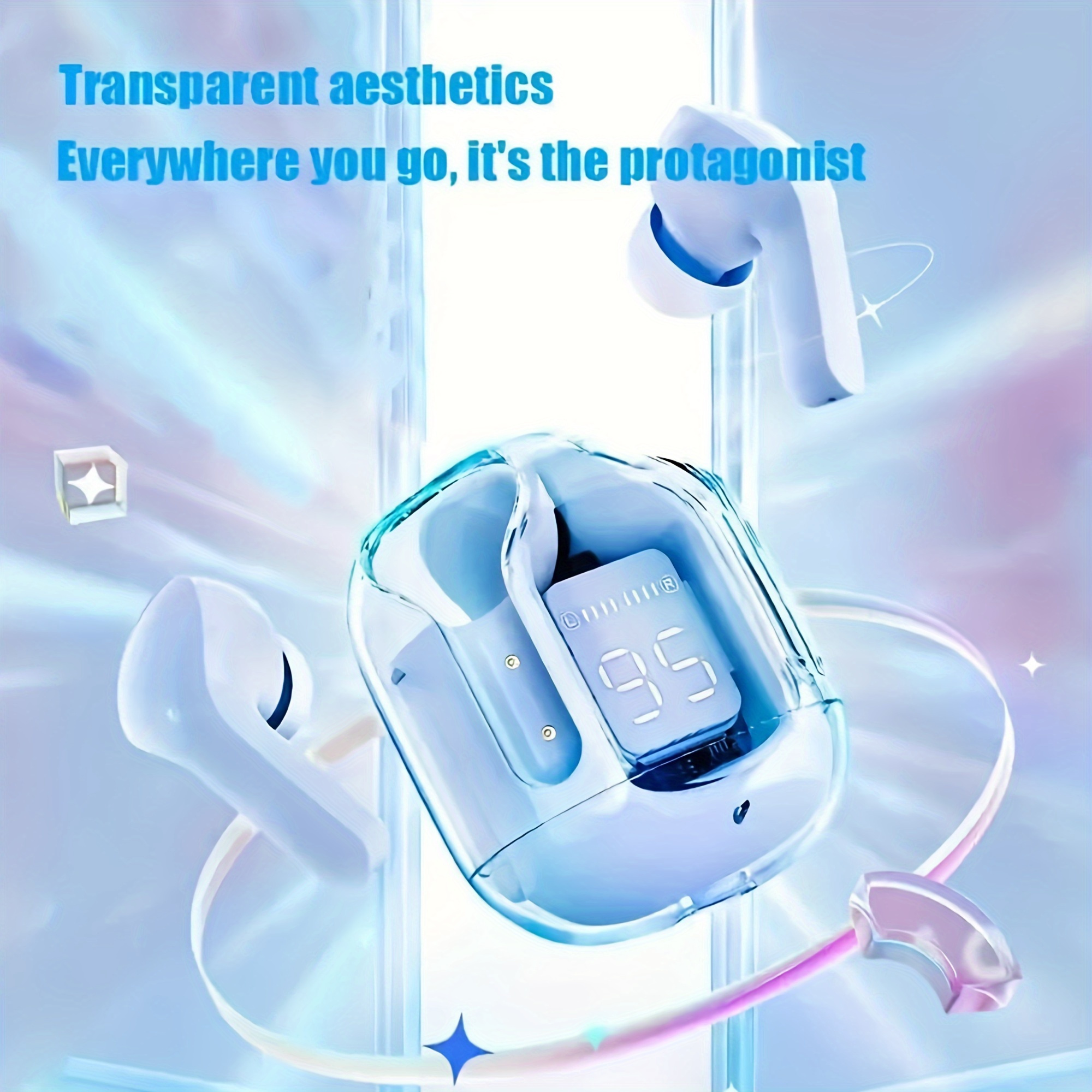 Écouteurs Sans Fil Transparents 5.3 avec Réduction de Bruit ENC, Microphone Stéréo HiFi Double, Écouteurs Intra-Auriculaires avec Charge et Affichage Numérique LED, Casque Sport