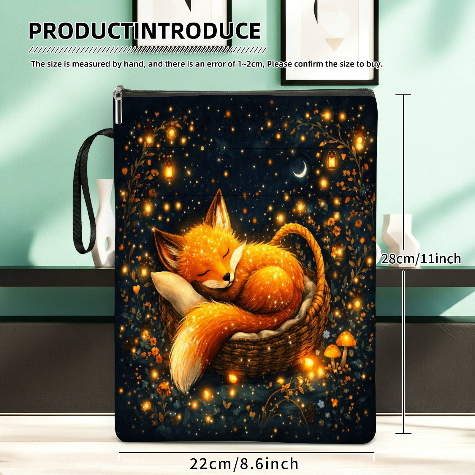 TEMU 1 Housse de livre à motif renard et étoilé avec fermeture éclair - Protection de livre et sac de rangement, poche pour étudiants, enseignants,