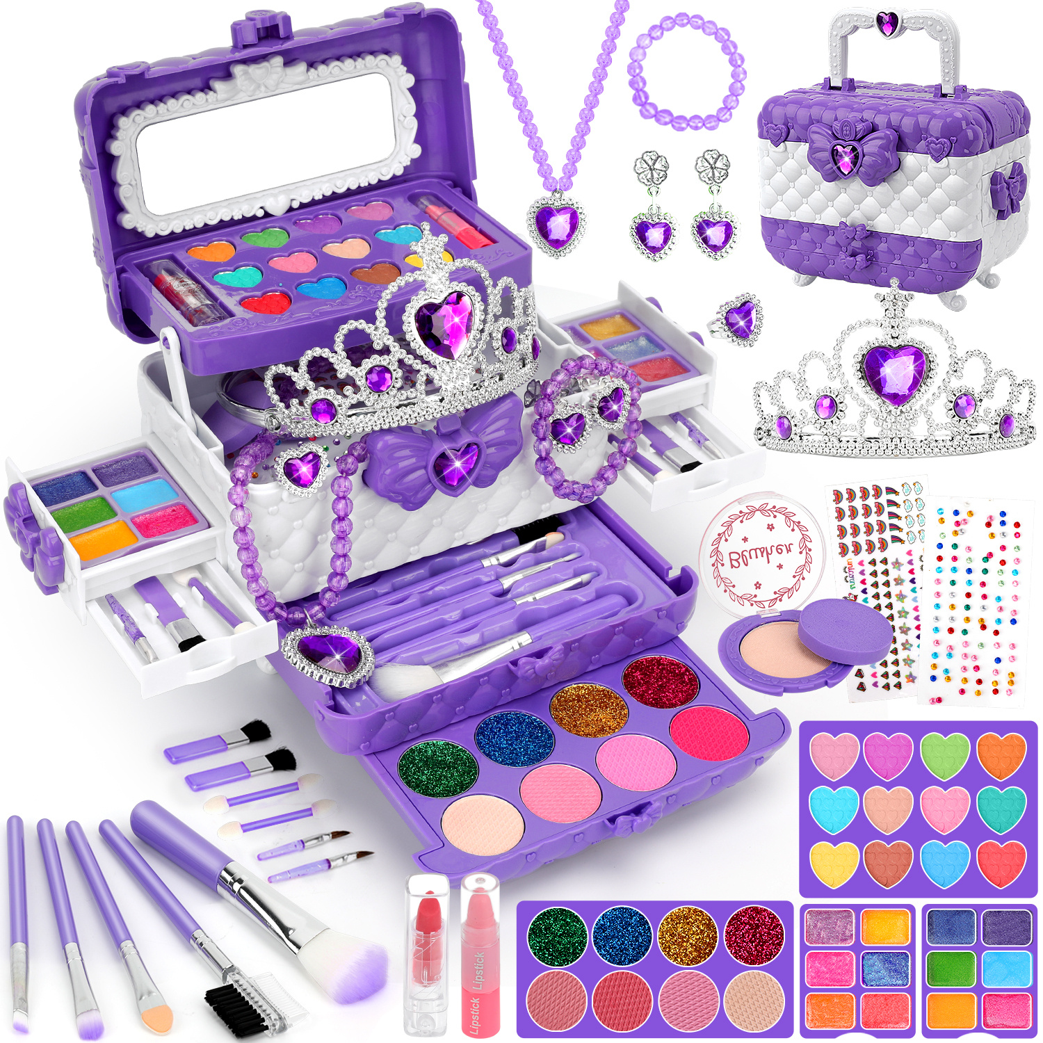 56pcs kids makeup kit for girl washable real makeup set kids make up kids jewelry toys for girls dress up play jewelry set princess jewelry birthday gifts for girls 3 years old christmas gifts purple 0