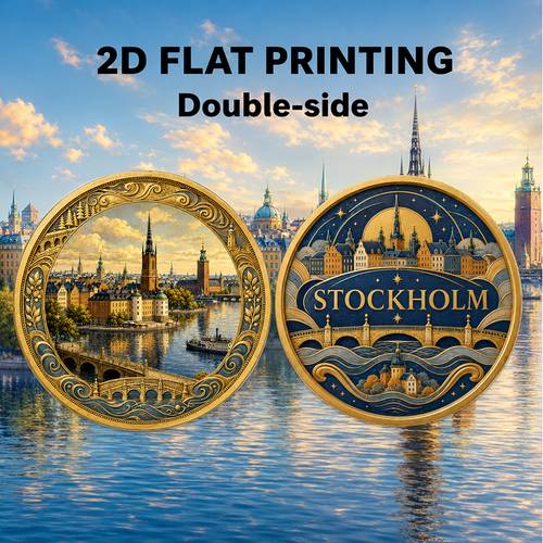 Artikelbild ., 2d doppelseitige -geldstücke mit wasserfront- , historischer architektur und nordischen hafen-details, die balance, schönheit und inspiration symbolisieren, tragbare taschengeldstücke, geschenk für reisebegeisterte, souvenir-geschenk, geschenk für feiern