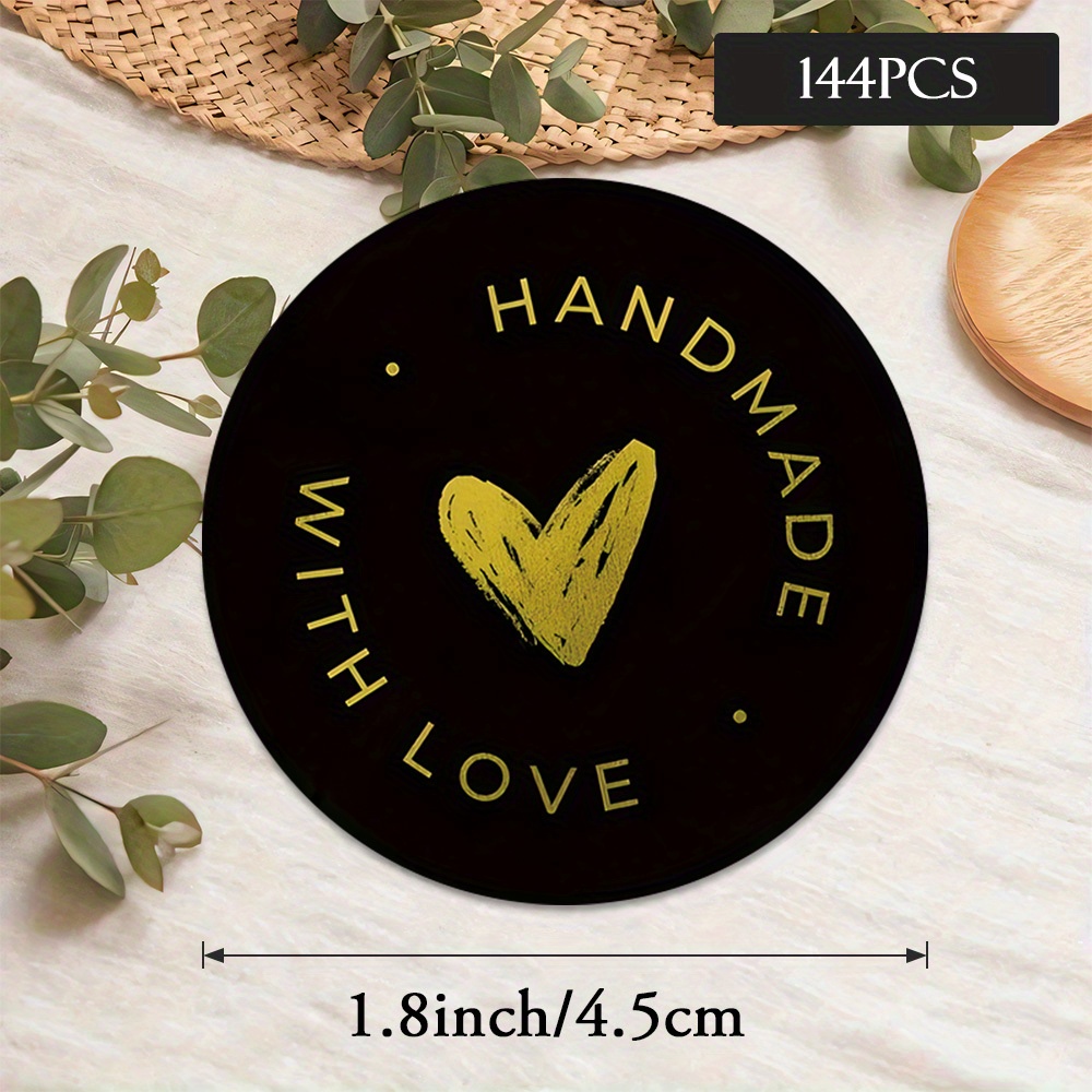 TEMU 48 stuks/96 stuks/144 stuks Handgemaakte Stickers met Gouden Tekst & Hart op Zwarte , Luxe Stijl, Perfect voor DIY Knutselwerk, Boutique Labels,
