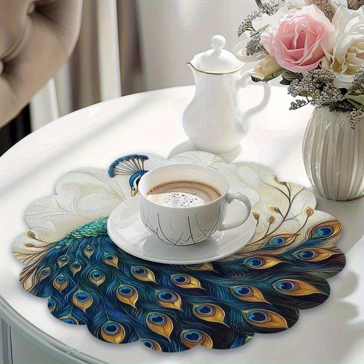 4 Round Placemats, Suitable Dining Table, Elegant And Golden Pattern Round Placemats, Non-slip/wipe Clean Dining Table Set, Suitable Party Kitchen Restaurant Decoration