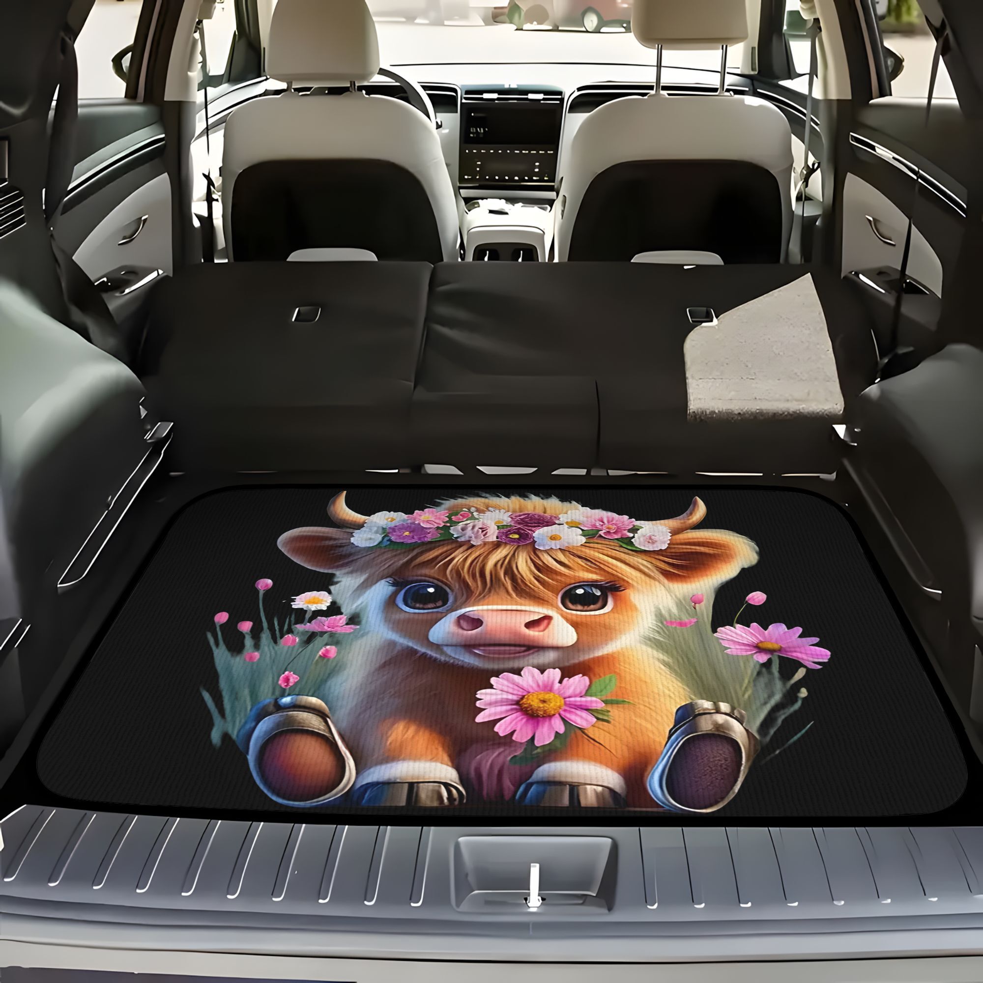 TEMU Cartoon Cute And Adorable Highland Calf Floral Pattern Car Trunk Mat. Soft, Non-slip, Easy To Clean, Dirt-resistant, Durable, And Not Deformed.