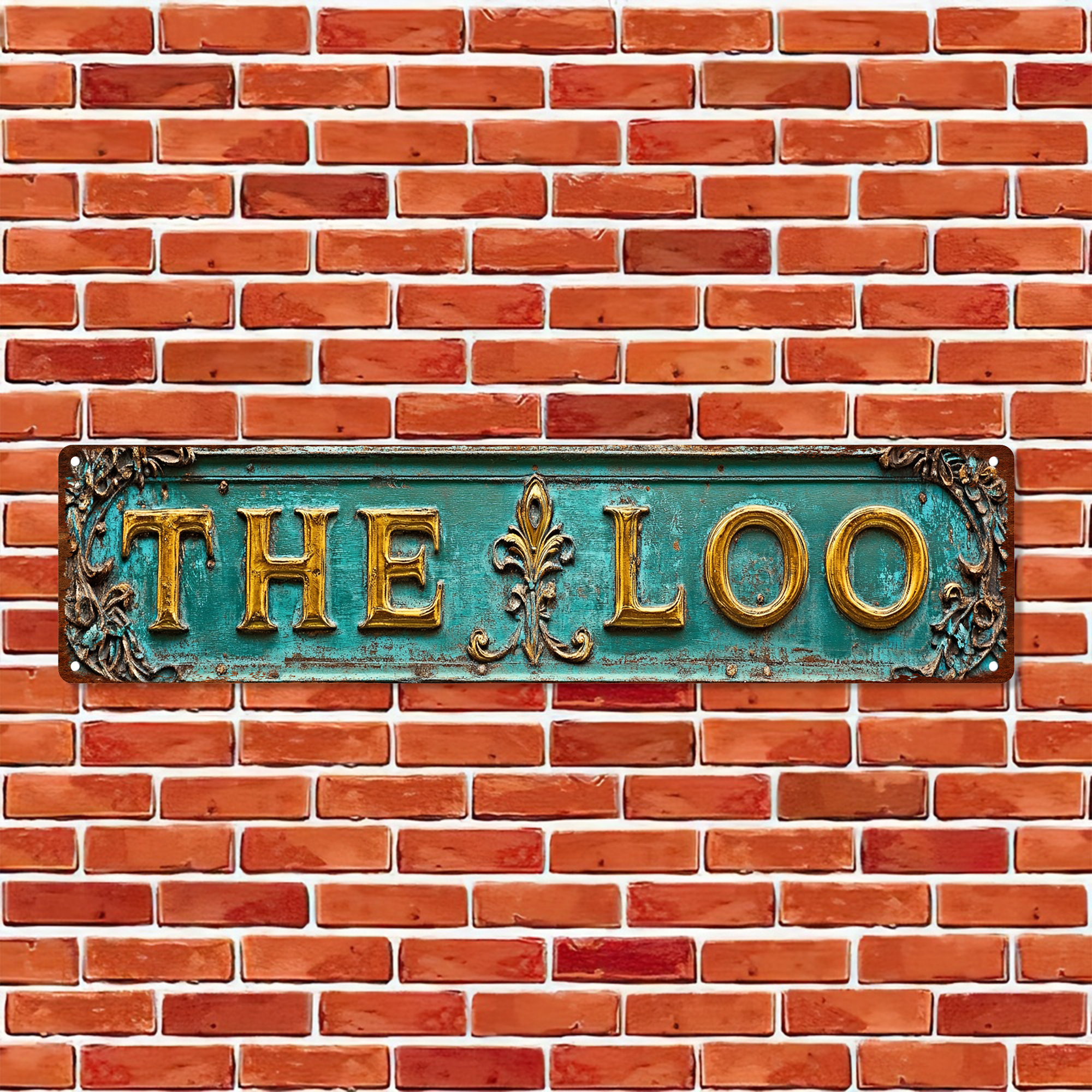 

1pc Vintage "the Loo" Metal Tin Sign - 4x16 Inches, Teal & Golden With Decorations, Ideal For Home, Bar, Cafe, Garage Wall Art, Farmhouse Style, Easy To Hang, Metal Wall Art Decor