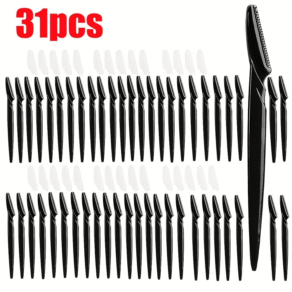 TEMU 31pcs, Non-irritating Stainless Steel Facial Razor, Unisex - Black, Unscented Eyebrow Trimmer With Protective , Ideal For Leg Hair Removal And