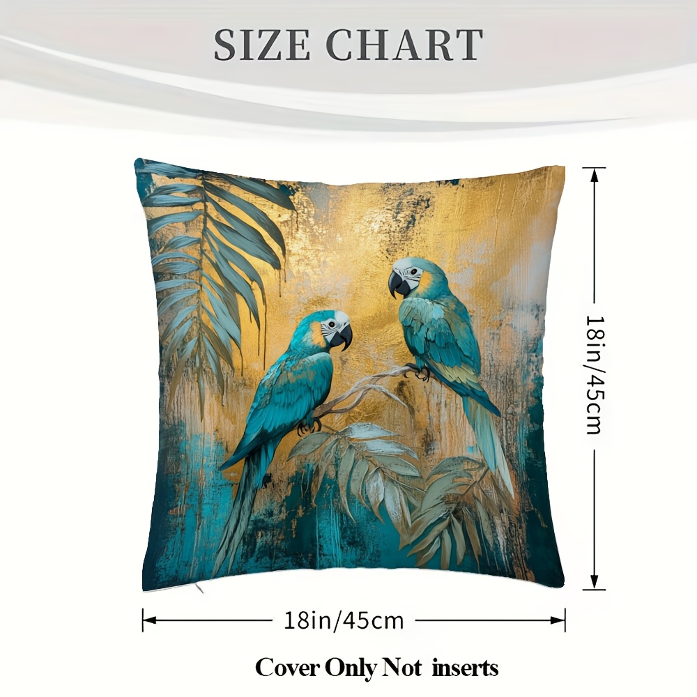 TEMU 1 stuk Vintage Jungle Papegaai Kussensloop - Tropische Vogel en Palmboom Ontwerp, Goud en Turquoise, Geschikt voor Bed, Stoel, Dubbelzijdig,